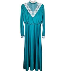 Vintage 70s/80s Teal Lace High Neck Maxi Dress Gown Romantic Women Size Small